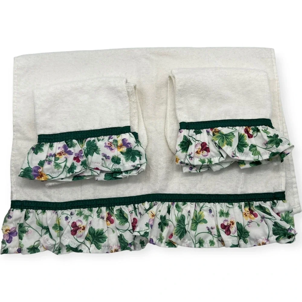 Vtg 80's Set - 2 Washcloths 1 Hand Towel White Green Garden‎ Cottagecore Guest